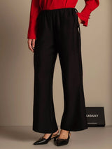 Black silk-wool blend straight-leg pants with drawstring waist and side pockets