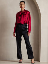 [Wine] SilkSilky  Long Sleeve Tie Neck Women's Blouse 003