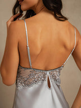[Grayish Blue] SilkSilky  Spaghetti Strap Deep V Neck Nightgown 006