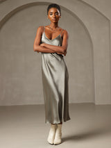 [Grayish Green] SilkSilky  Spaghetti Strap V Neck Nightgown 001