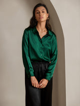 [Dark Green] SilkSilky  Long Sleeve Lapel Collar Women's Shirts 001
