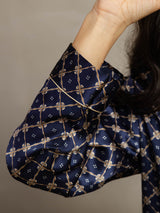 Navy pure silk pajamas sleeve with gold chain print and contrast piping