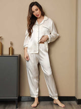 [White] SilkSilky  Long Sleeve Lapel Collar Women's Pajamas 003