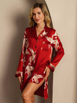 [Dark Red] SilkSilky  Long Sleeve Lapel Collar Nightshirt 008