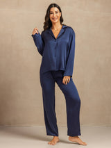 [Dark Blue] SilkSilky  Long Sleeve Lapel Collar Women's Pajamas 006