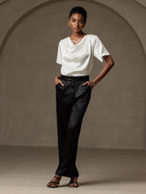 [White] SilkSilky  Short Sleeve Cowl Neck Women's Blouse 006