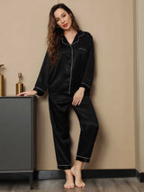 [Black] SilkSilky  Long Sleeve Lapel Collar Women's Pajamas 004