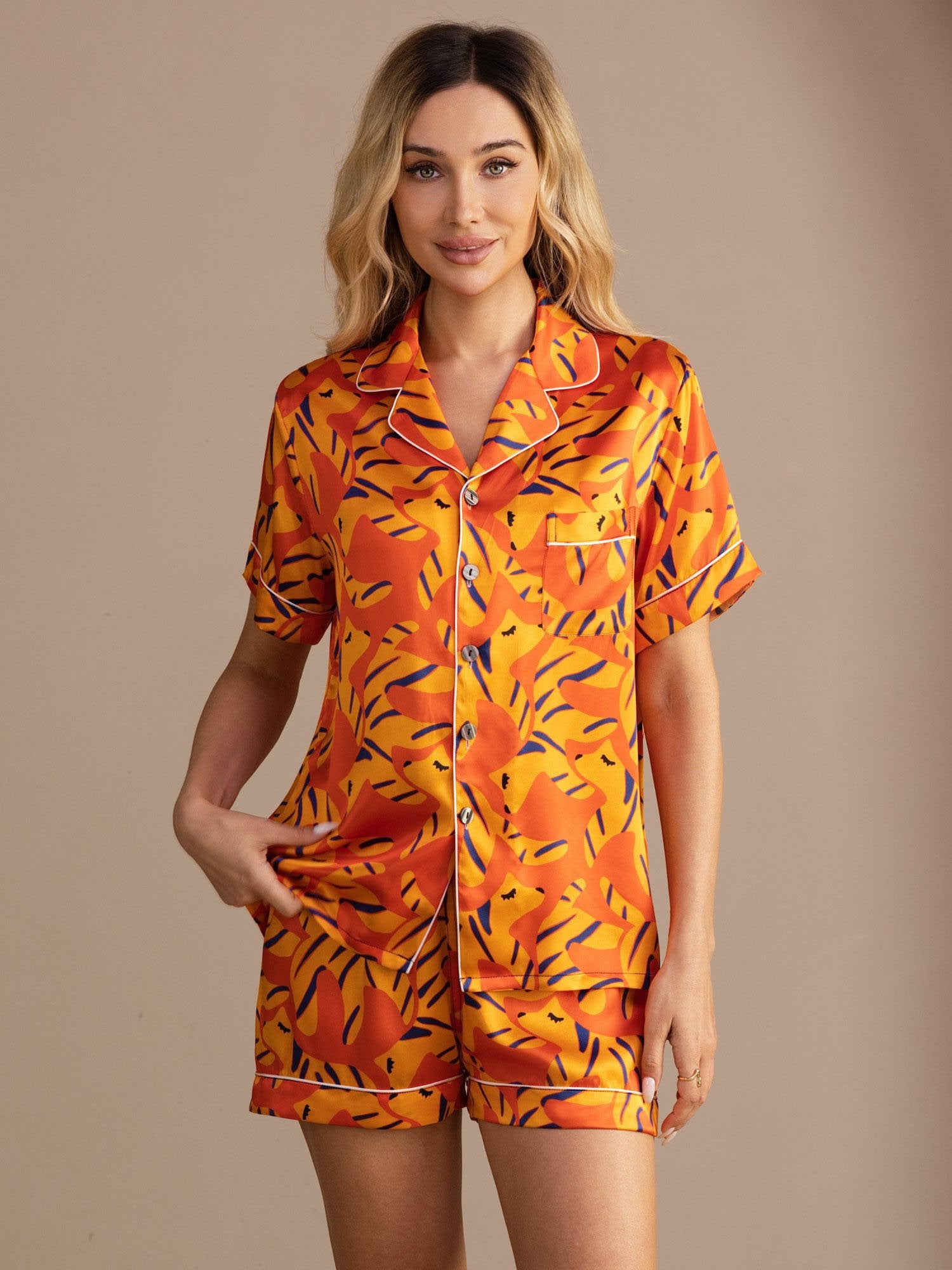 [Orange Dog] SilkSilky  Short Sleeve Lapel Collar Women's Pajamas 001