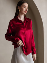 Women's red silk long sleeve lapel collar blouse