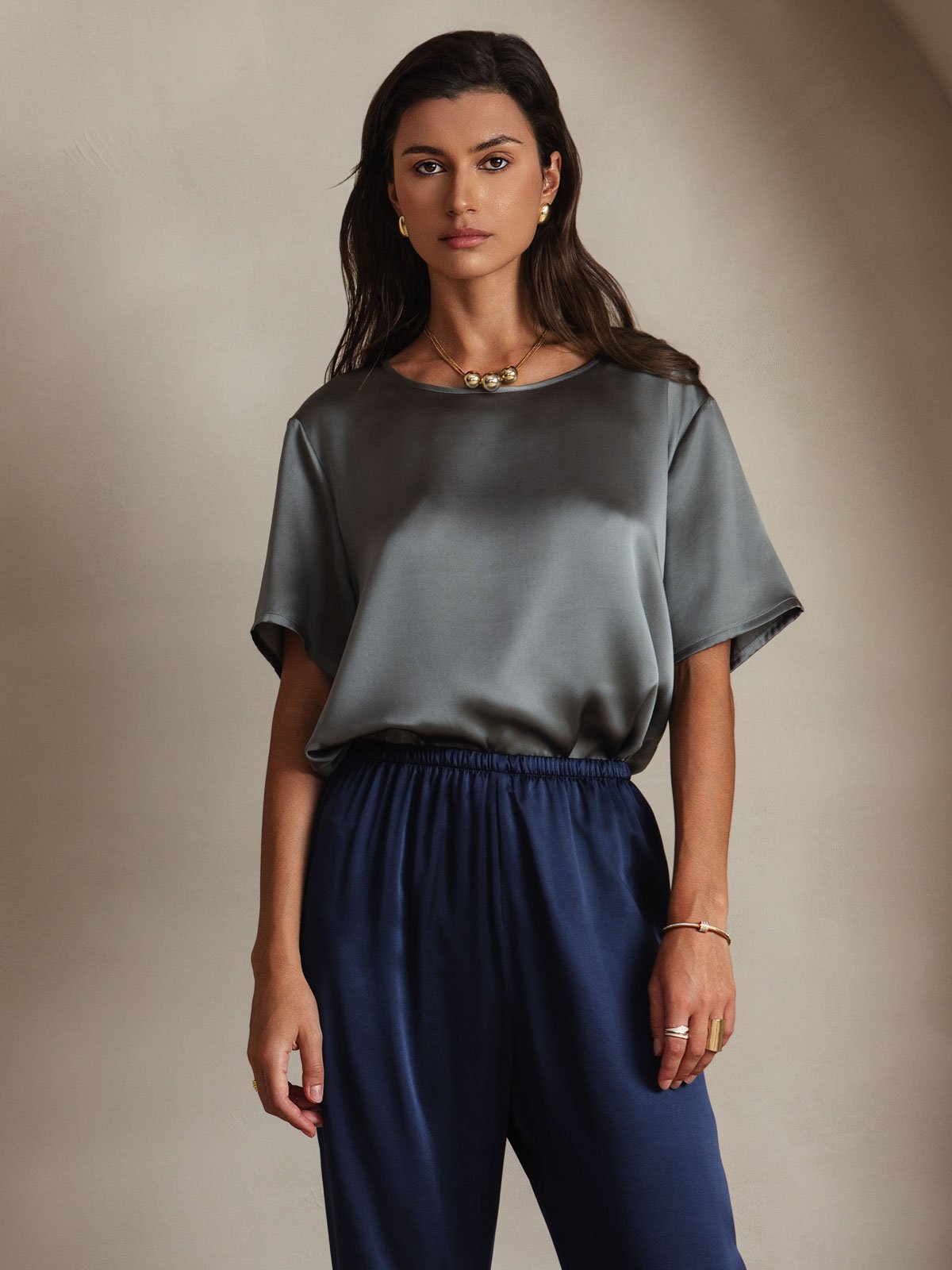 [Dark Gray] SilkSilky  Short Sleeve Round Neck Women's T-Shirt 001