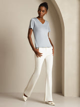 Light blue pure silk V-neck short-sleeve women's T-shirt with white pants