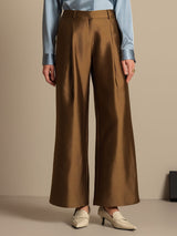 Brown high-waist wide-leg silk wool blend pants with side pockets