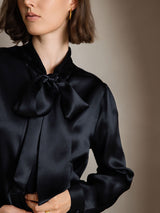 [Black] SilkSilky  Long Sleeve Tie Neck Women's Blouse 003
