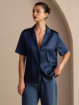 [Dark Blue] SilkSilky  Short Sleeve Lapel Collar Women's Shirts 003