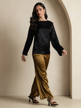 [Black] SilkSilky  Long Sleeve Boat Neck Women's Blouse 008