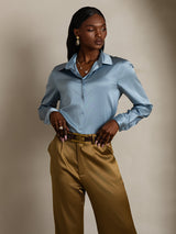 [Grayish Blue] SilkSilky  Long Sleeve Lapel Collar Women's Shirts 003