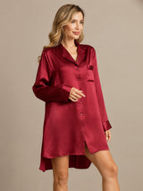 [Wine] SilkSilky  Long Sleeve Lapel Collar Nightshirt 007