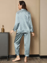 [Steel Blue] SilkSilky  Long Sleeve Lapel Collar Women's Pajamas 003