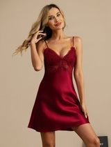 [Wine] SilkSilky  Spaghetti Strap Deep V Neck Nightgown 001