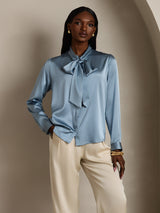 [Grayish Blue] SilkSilky  Long Sleeve Tie Neck Women's Blouse 007