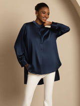 [Dark Blue] SilkSilky  Long Sleeve Stand Collar Women's Blouse 007