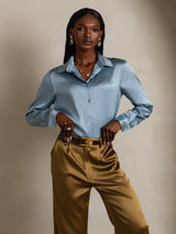 [Grayish Blue] SilkSilky  Long Sleeve Lapel Collar Women's Shirts 005
