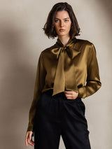 [Brown] SilkSilky  Long Sleeve Tie Neck Women's Blouse 007