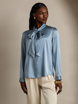 [Grayish Blue] SilkSilky  Long Sleeve Tie Neck Women's Blouse 004