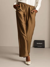 Bronze silk-wool straight-leg pants with drawstring waist and side pockets