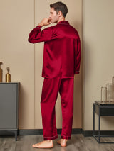 [Red] SilkSilky  Long Sleeve Lapel Collar Men's Pajamas 002