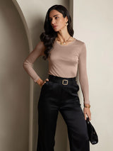 [Coffee] SilkSilky  Long Sleeve Round Neck Women's T-Shirt 004