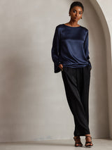 [Dark Blue] SilkSilky  Long Sleeve Boat Neck Women's Blouse 006