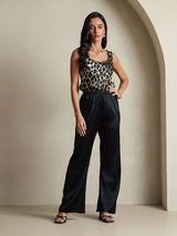 Leopard print sleeveless silk U-neck tank top with black wide-leg pants