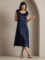 Navy silk midi dress with round neck and cap sleeves