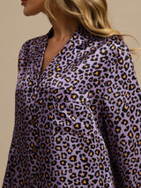 Purple leopard print silk nightshirt with notch collar, button front, and chest pocket