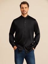 [Black] SilkSilky Long Sleeve Stand Collar Men''s Shirt 001