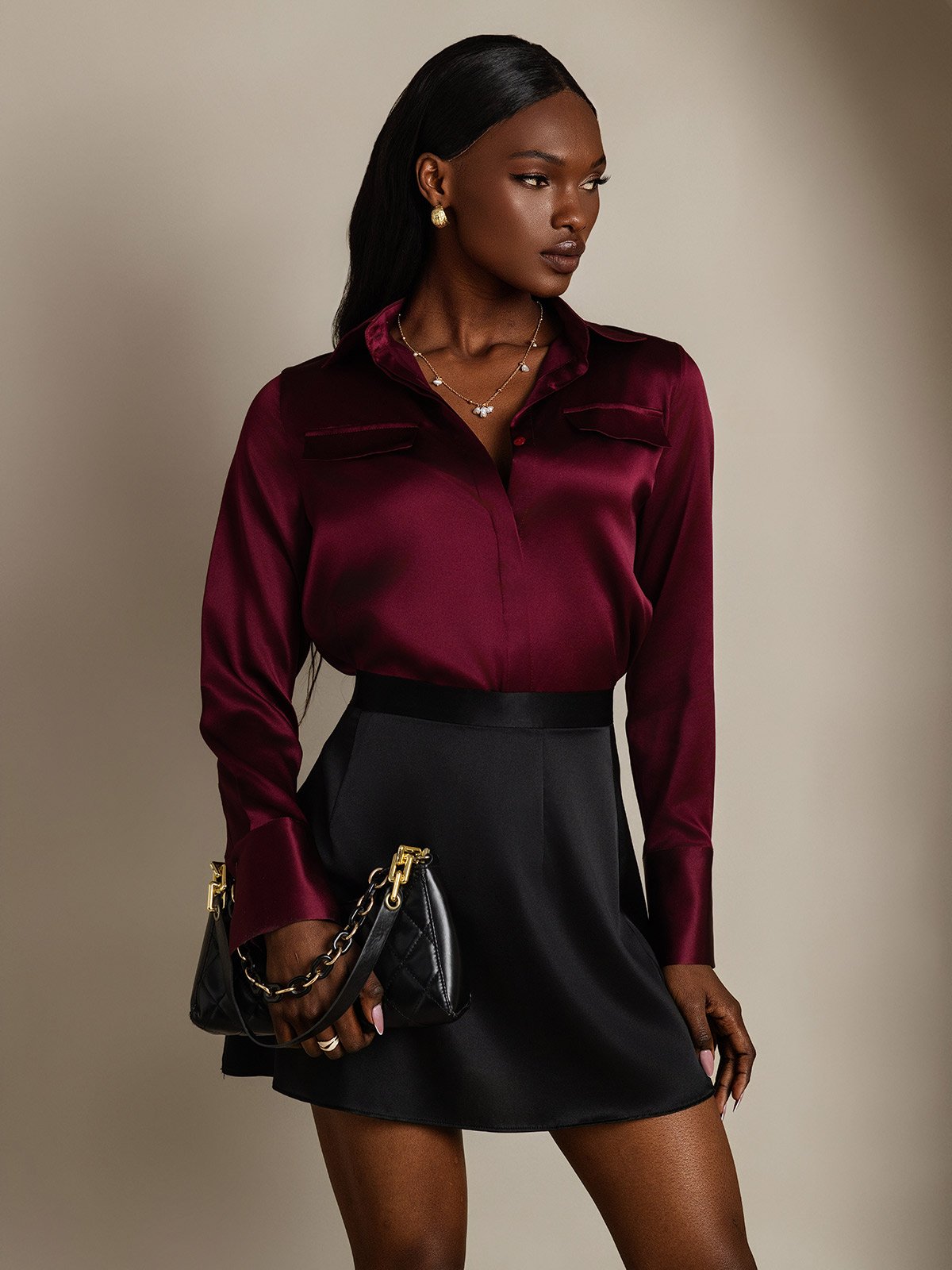 Burgundy silk long sleeve lapel shirt with flap pockets and concealed placket