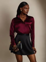 Burgundy silk long sleeve lapel shirt with flap pockets and concealed placket