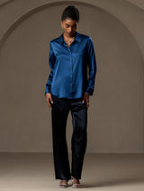 [Teal] SilkSilky  Long Sleeve Lapel Collar Women's Shirts 004
