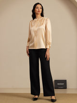 [Champagne] Champagne silk blouse with round neck, button closure and lantern sleeves 007