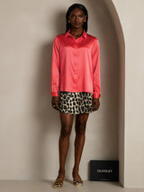 Coral pink silk lapel collar long sleeve women's shirt