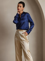 [Dark Blue] SilkSilky  Long Sleeve Lapel Collar Women's Shirts 005
