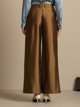 Brown silk wool blend wide-leg pants with high waist and side pockets