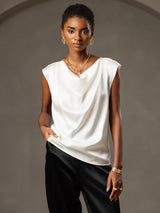 [White] SilkSilky  Cap Sleeve Cowl Neck Women's T-Shirt 004