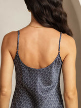 Back view of navy silk midi dress with Ginkgo print, V-neck adjustable straps
