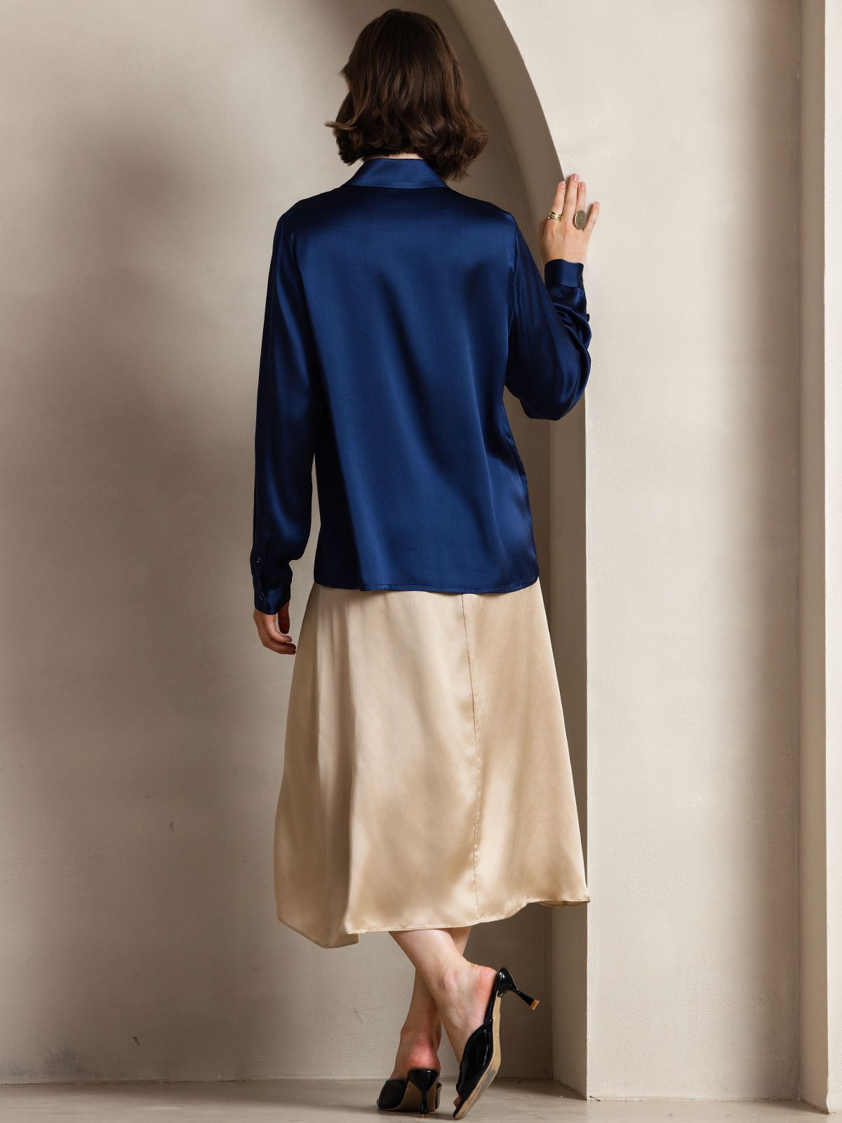 [Dark Blue] SilkSilky  Long Sleeve Lapel Collar Women's Shirts 002