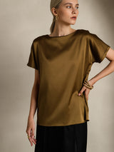 [Brown] SilkSilky  Short Sleeve Boat Neck Women's T-Shirt 005