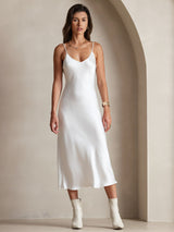 [White] SilkSilky  Spaghetti Strap V Neck Dress 004