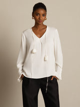 [White] SilkSilky  Long Sleeve V Neck Women's Blouse 003