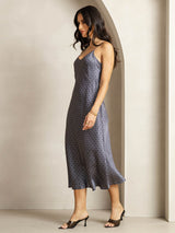 Navy ginkgo print silk midi dress with V-neck and adjustable straps
